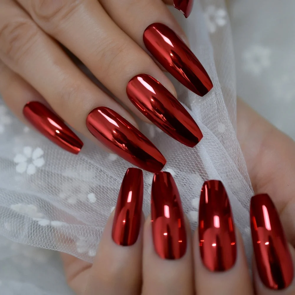 Acrylic Fake Press On Nail Chrome Pink gel Rainbow False Artificial Nails Metallic For Women Faux Ongles Coffin Ballerina-Nail Inspo