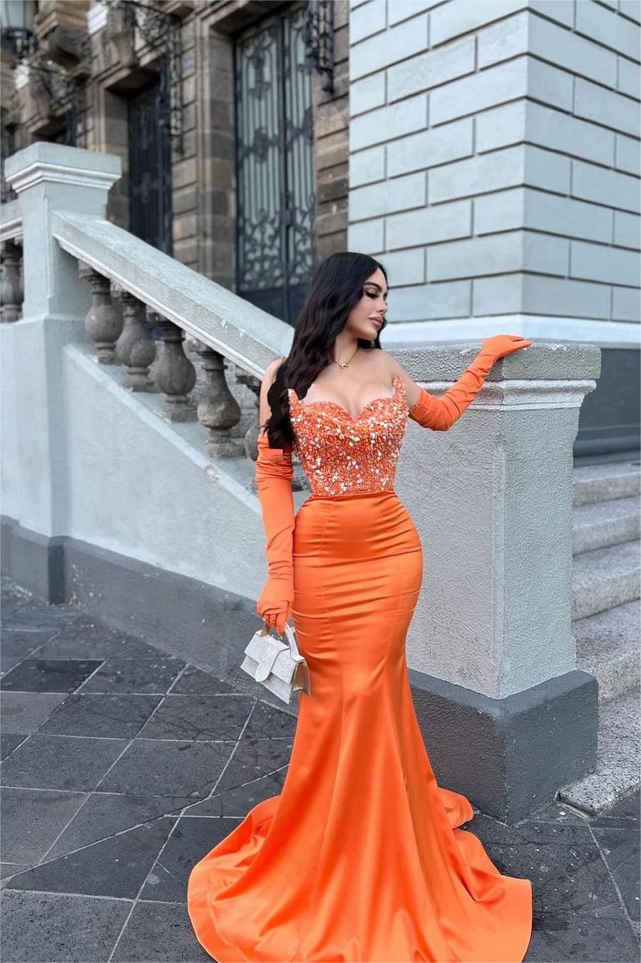 Lvs&Broner Glamorous Orange Stain Strapless Mermaid Beaded Long Prom Dress With Gloves