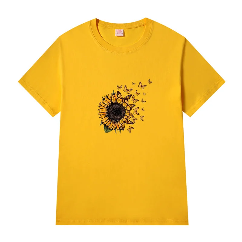 Short Sleeve Crew Neck Sunflower Letter Printed T-shirt