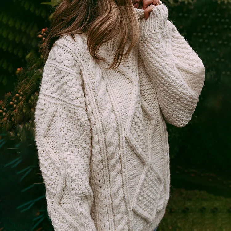 Utbros Woman Aran Jacquard Weave Cozy Warm Sweater