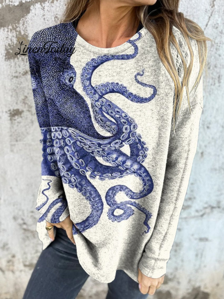 Vintage Deep Sea Octopus Tentacles Art Printed Women&rsquo;s Button Back Casual Knitted Shirt