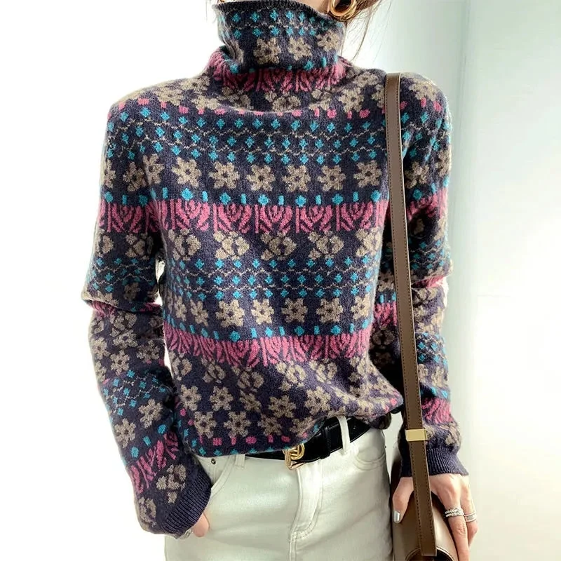 Retro jacquard turtleneck sweater women pullover 2021 autumn and winter new Korean fashion loose casual thick floral sweater