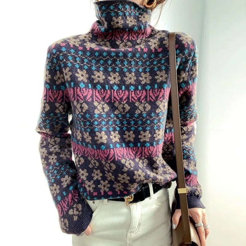 Retro jacquard turtleneck sweater women pullover 2021 autumn and winter new Korean fashion loose casual thick floral sweater