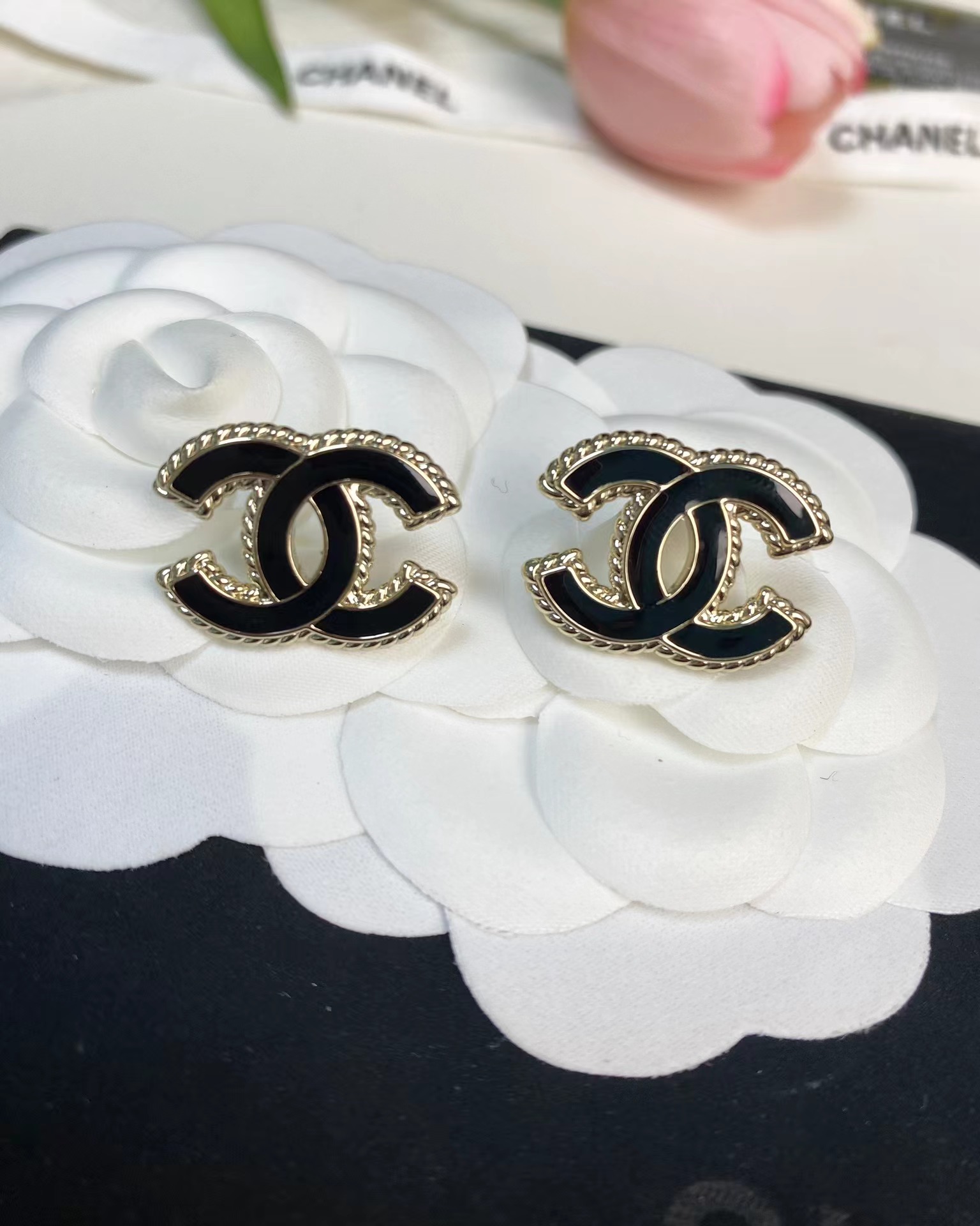 Buy replica Chanel Gold Edge Black Double C Earring and replica jewelry from PICKS Jewelry