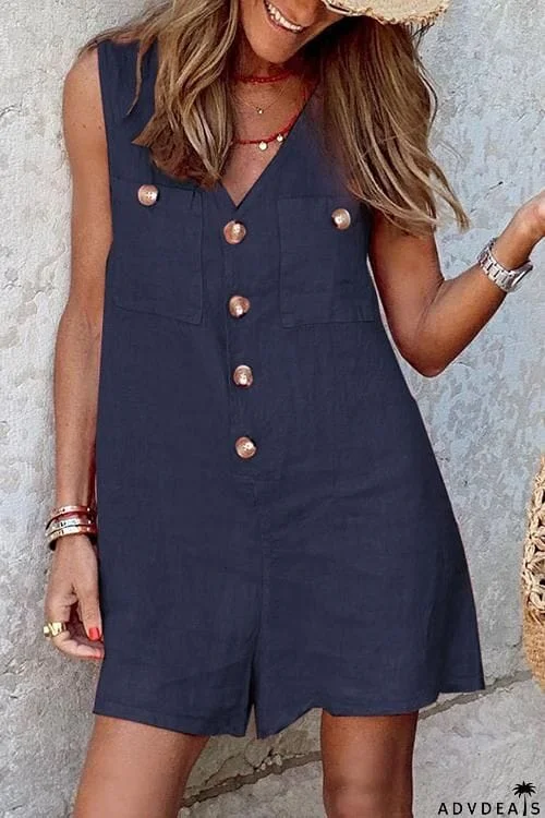 Button V Neck Pockets Romper