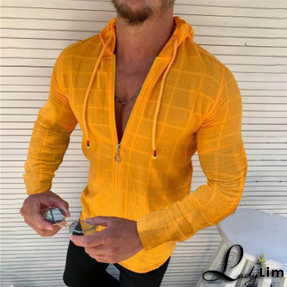 Red Fashion Casual Plaid Draw String Zipper Hooded Collar Tops