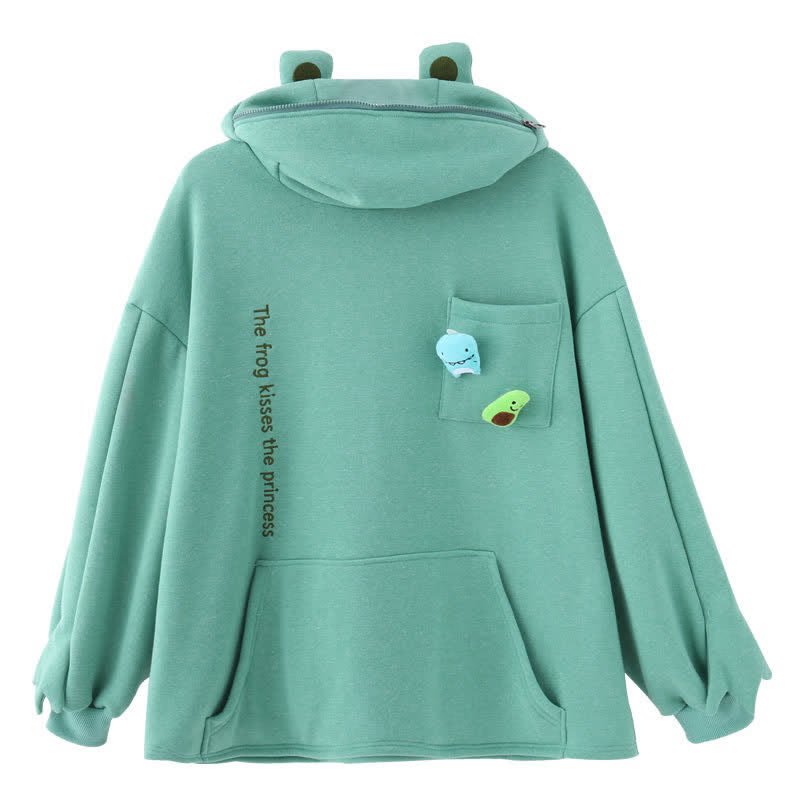 Frog Letter Zipper Pocket Oversized Hoodie THE FROG KISSES THE PRINCESS