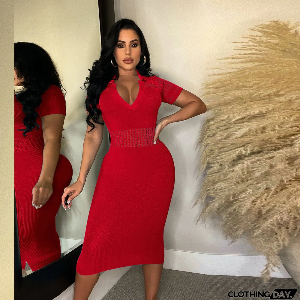 Plus Size Sexy Slim Fit Lapel Sweater Midi Dress