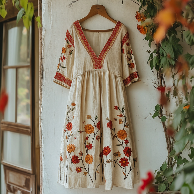 Women's Vintage Embroidered Flower V-neck Loose Linen Blend Midi Dress