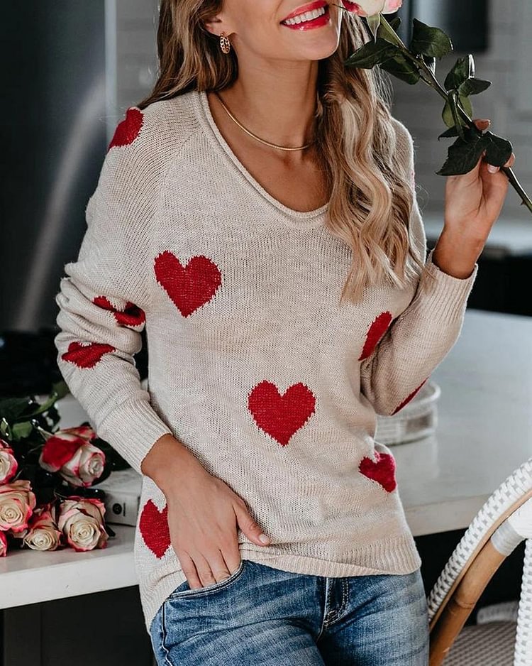 Heart Print Rib Knit Raglan Sleeve Sweater - Shop Trendy Women's Clothing | LoverChic