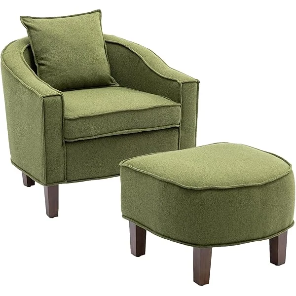 Accent Chair with Ottoman, Mid Century Modern Barrel Faux Leather Chair with Footrest Comfy Upholstered Armchair for Living Room Bedroom Reading Room