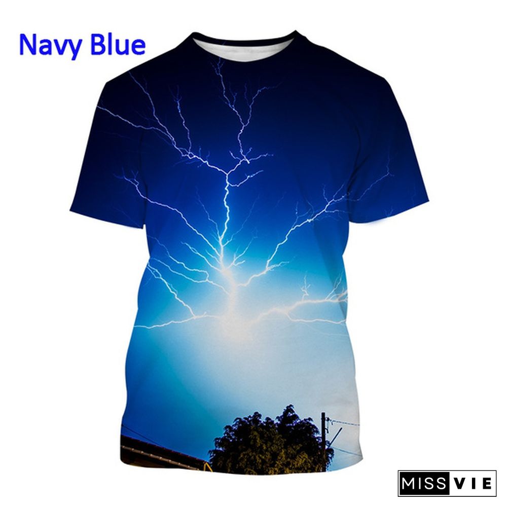 New Creative Design Lightning 3D Printing T-shirt Fashion Unisex Personality Natural Phenomenon Pattern Casual Round Neck Short-sleeved T-shirt Top