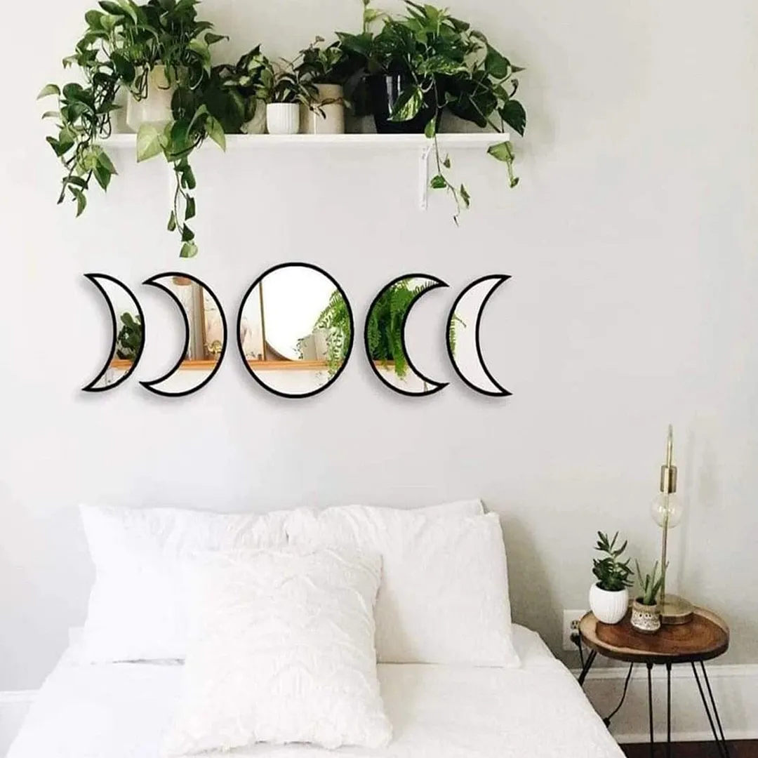 5 PCS Wooden Acrylic Moon Wall Decorative Mirror Moon Cycle Variation Decorative Wall Mirror Creative Bohemian Mirror 124