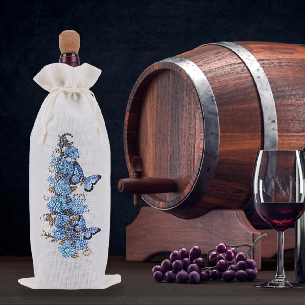 DIY Flower Diamond Painting Burlap Wine Gift Bags Label Liquor Bottle Covers
