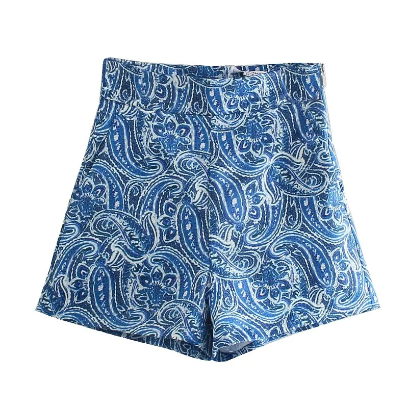 TRAF Women Chic Fashion Front Pockets Paisley Print Shorts Vintage High Waist Side Zipper Female Short Pants Mujer