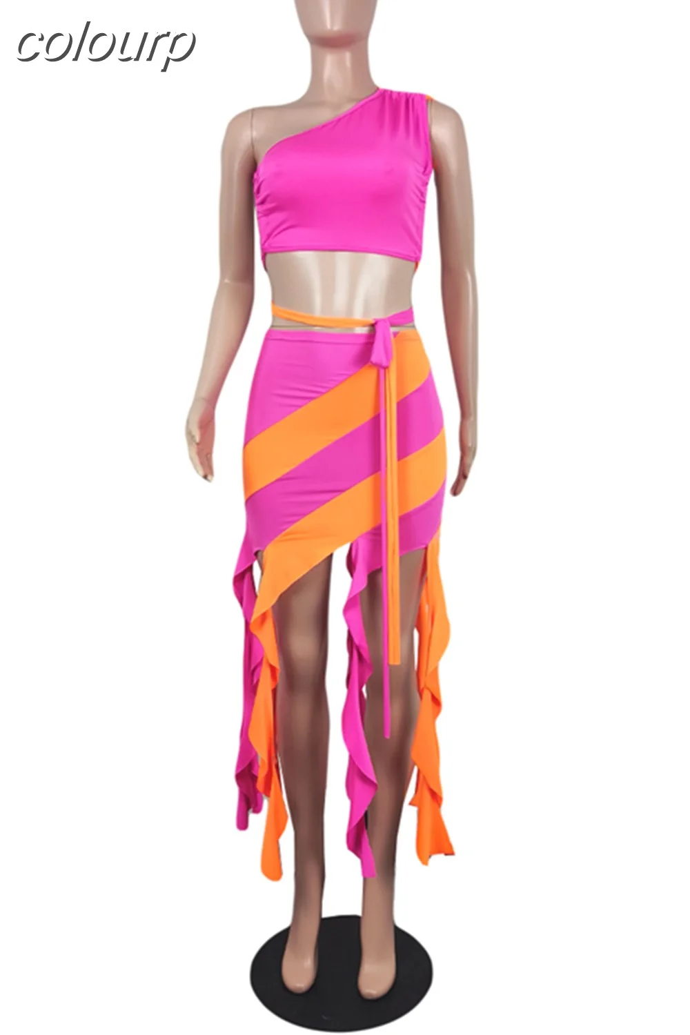colourp Color Block Striped 2 Piece Set Women Sexy Bandage One Shoulder Crop Top + Tassel Mini Skirts Skinny Club Party Outfits