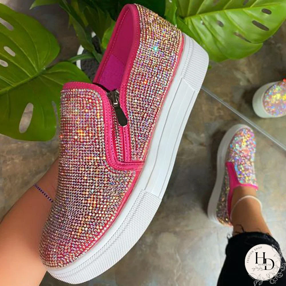 Rose Red Casual Patchwork Rhinestone Round Comfortable Out Door Flats Shoes