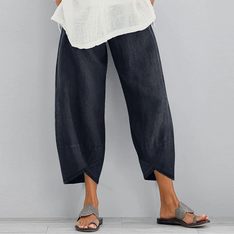 Vintage Women Cotton Linen Wide Leg Pants ZANZEA 2022 Female Asymmetric Trousers Ladies Casual Loose Pockets Elastic Waist Pants