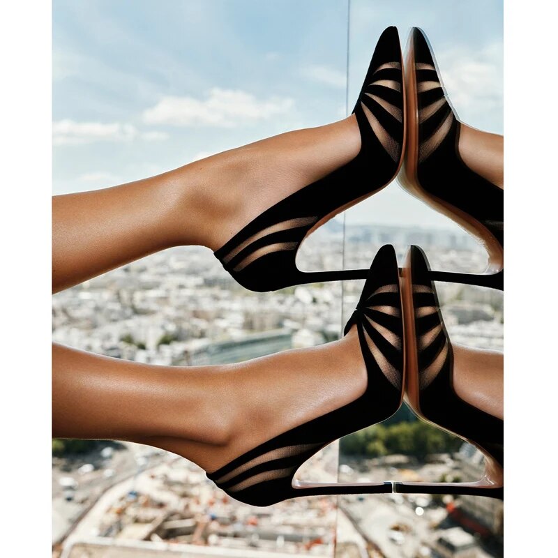 VCSHOES Patchwork Mesh Pointed Toe Pumps Stiletto High Heels Shoes Black Fanshaped Shallow Women's Party Dress Shoes