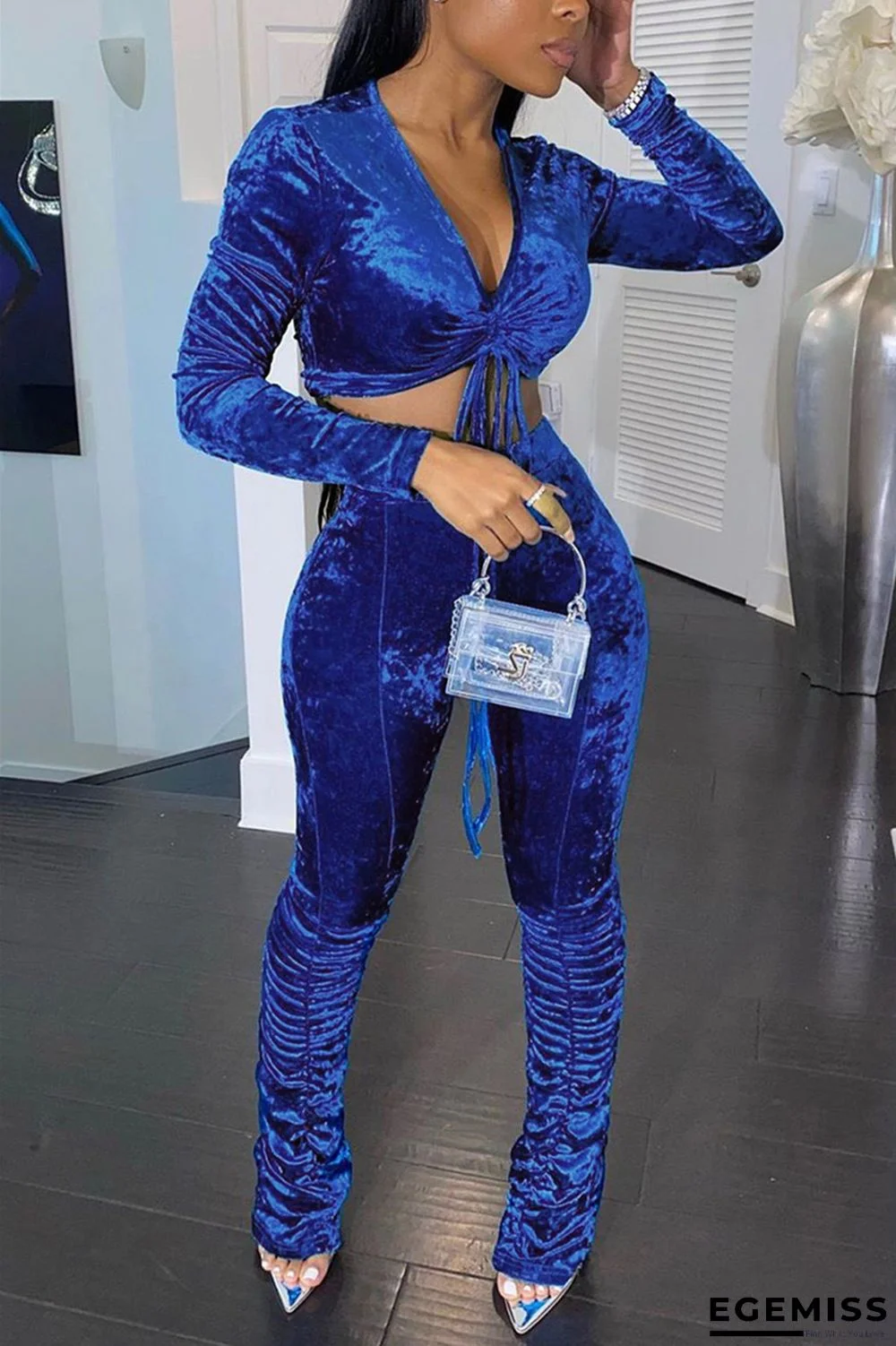 Blue Fashion Daily Adult Pleuche Solid Draw String Fold V Neck Long Sleeve Regular Sleeve Short Two Pieces | EGEMISS