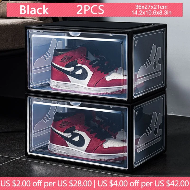 2pcs AJ Sneakers Box Sliding Plastic Shoes Box Stackable Display Cabinet Storage Box Detachable Dustproof AJShoe Rack Organizer