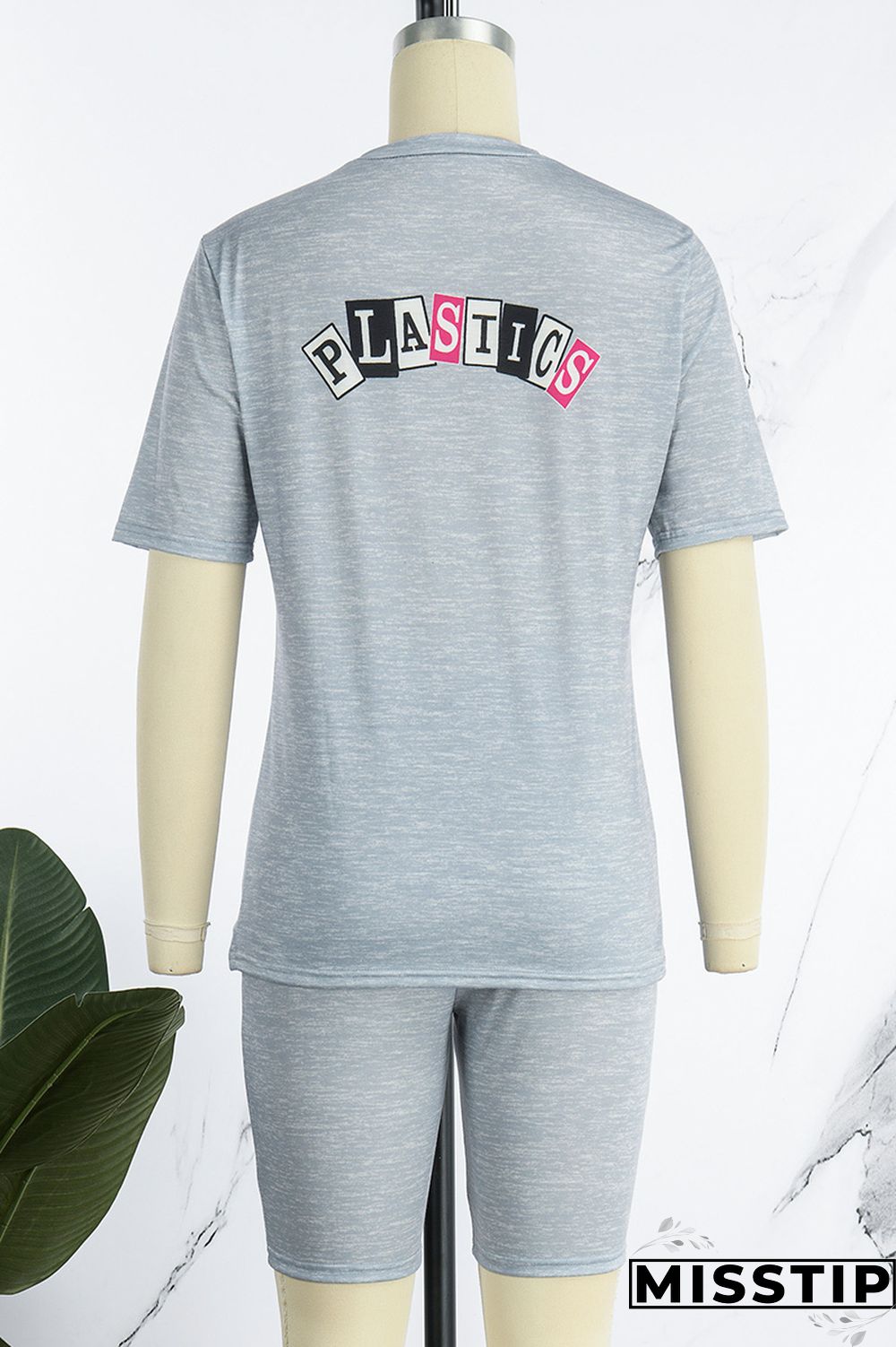 Grey Casual Print Basic O Neck Short Sleeve Two Pieces