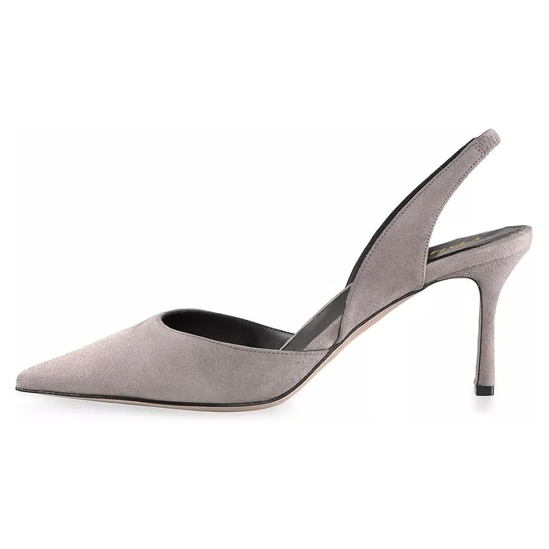 Vegan Suede Stiletto Heel Pointed Toe Slingback Pumps Shoes in Grey