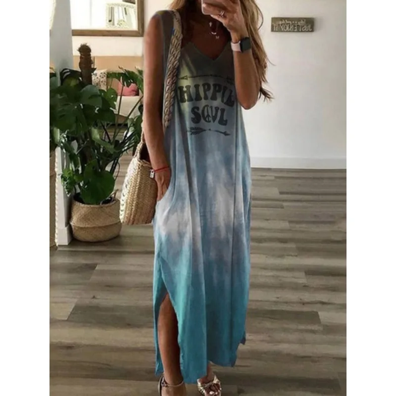 New Women's Tie Dye Letter Long Dress Casual Loose Slit Gradient Tie Dye Printed Dress Women's Sleeveless Pocket Long Dress