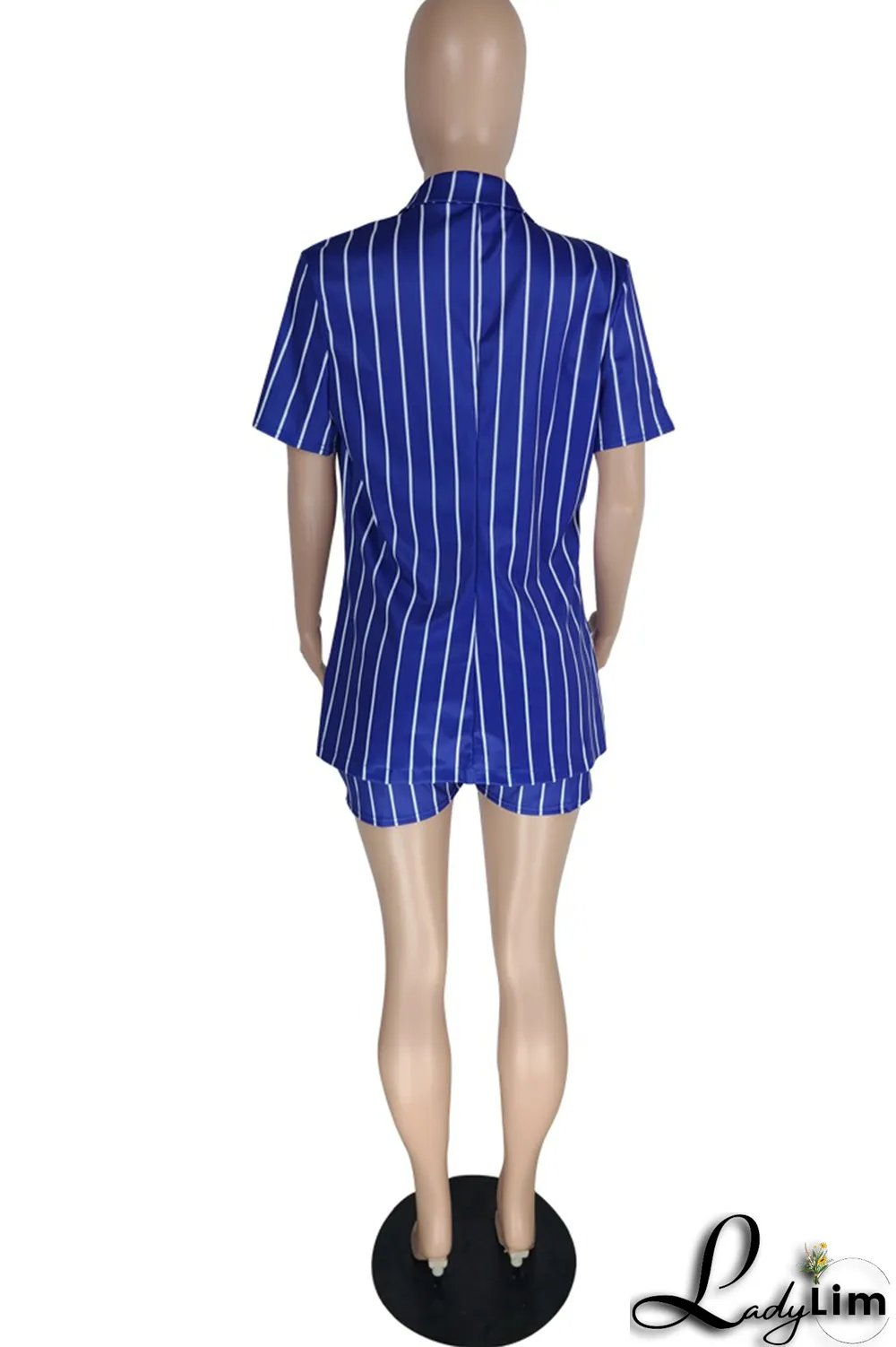 Red Casual Striped Split Joint Turndown Collar Short Sleeve Two Pieces