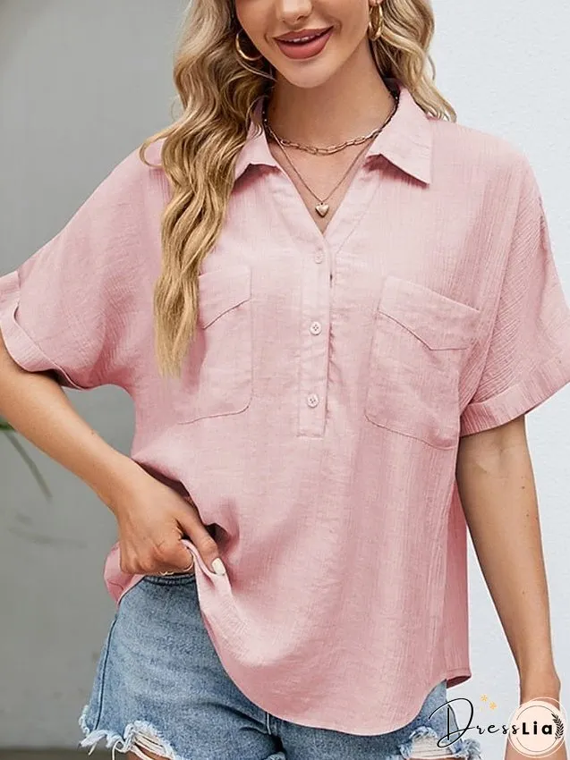 Blouse Pocket Loose Solid / Plain Color Basic Shirt Collar Roll Sleeves Summer Black White Pink Sky Blue for Women