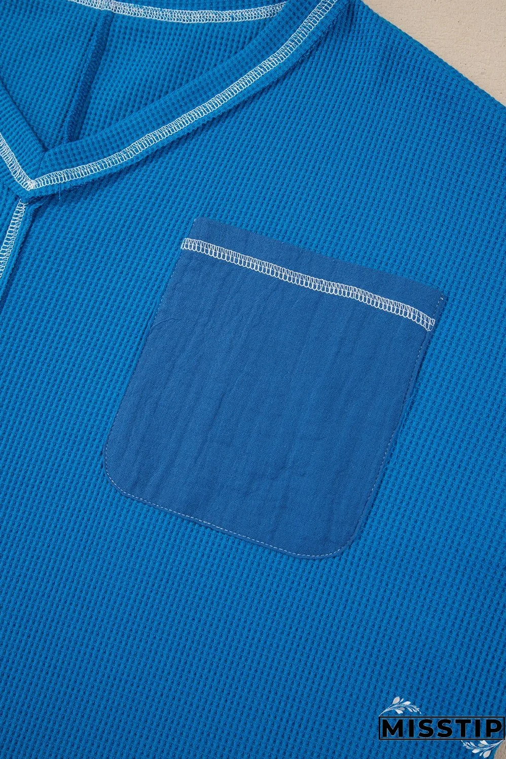 Sky Blue Lace Floral Patchwork Sleeve Stitching V Neck Rib Knit Blouse