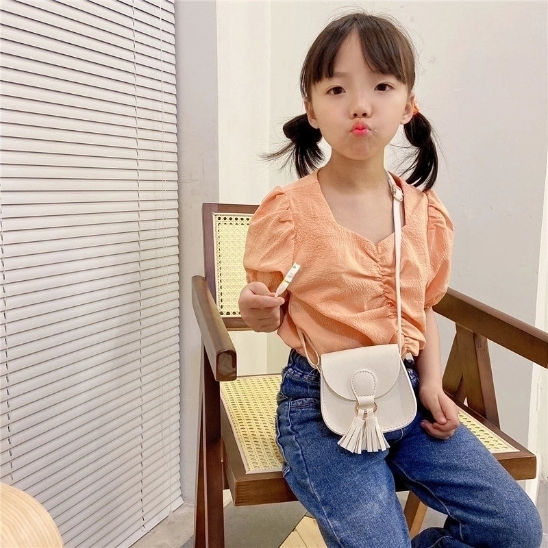 Kid’s Small Pu Leather Solid Color Cute Tassel Square Flip Cover Crossbody Bag