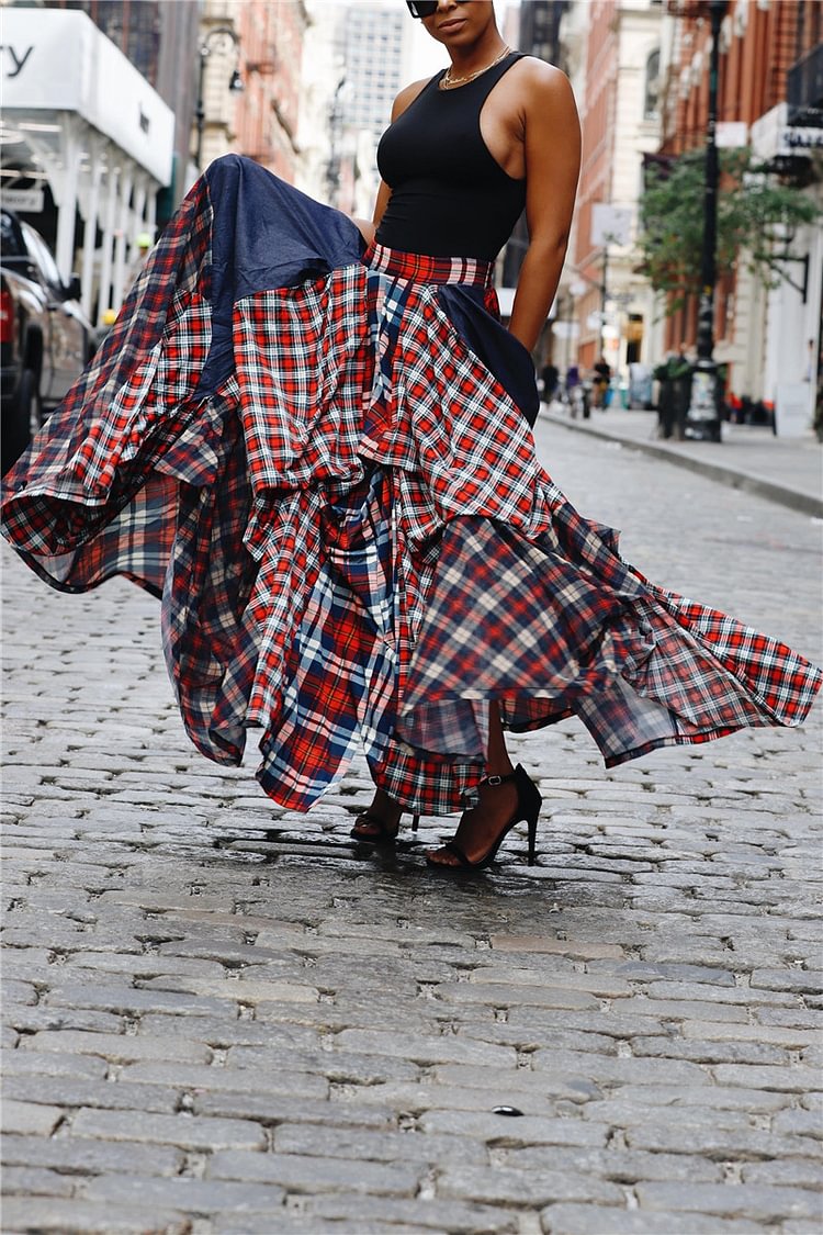 Plus Size Red Daily Flannel Plaid Patchwork With Pockets Maxi Skirt