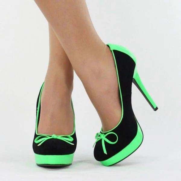 Green and Black Bow Platform Heels Pumps Vdcoo