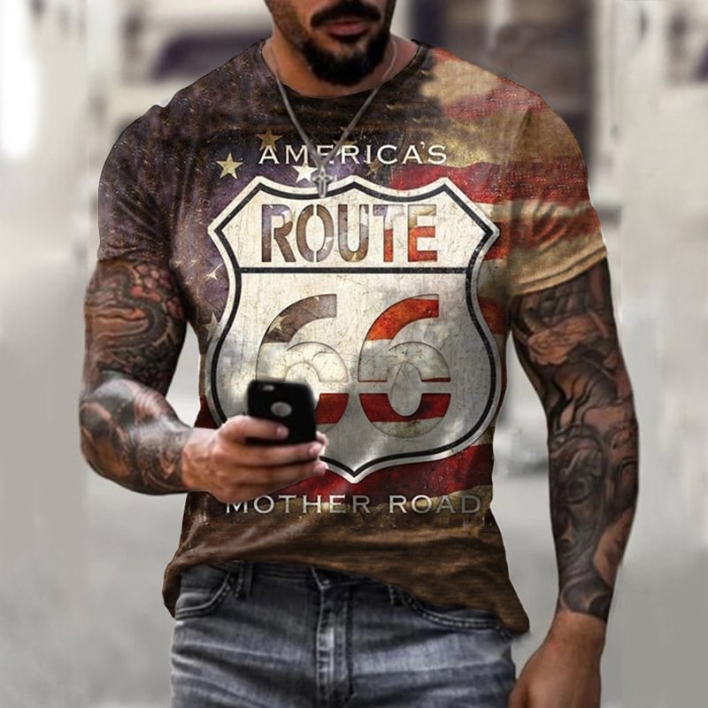Route Californian 66 Vintage Printed Short Sleeves Mens T-Shirts-VESSFUL
