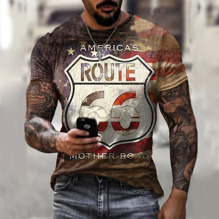 Route Californian 66 Vintage Printed Short Sleeves Mens T-Shirts at Hiphopee