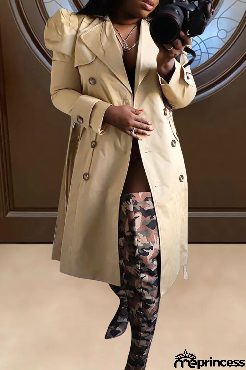 Khaki Casual Solid With Belt Turndown Collar Outerwear