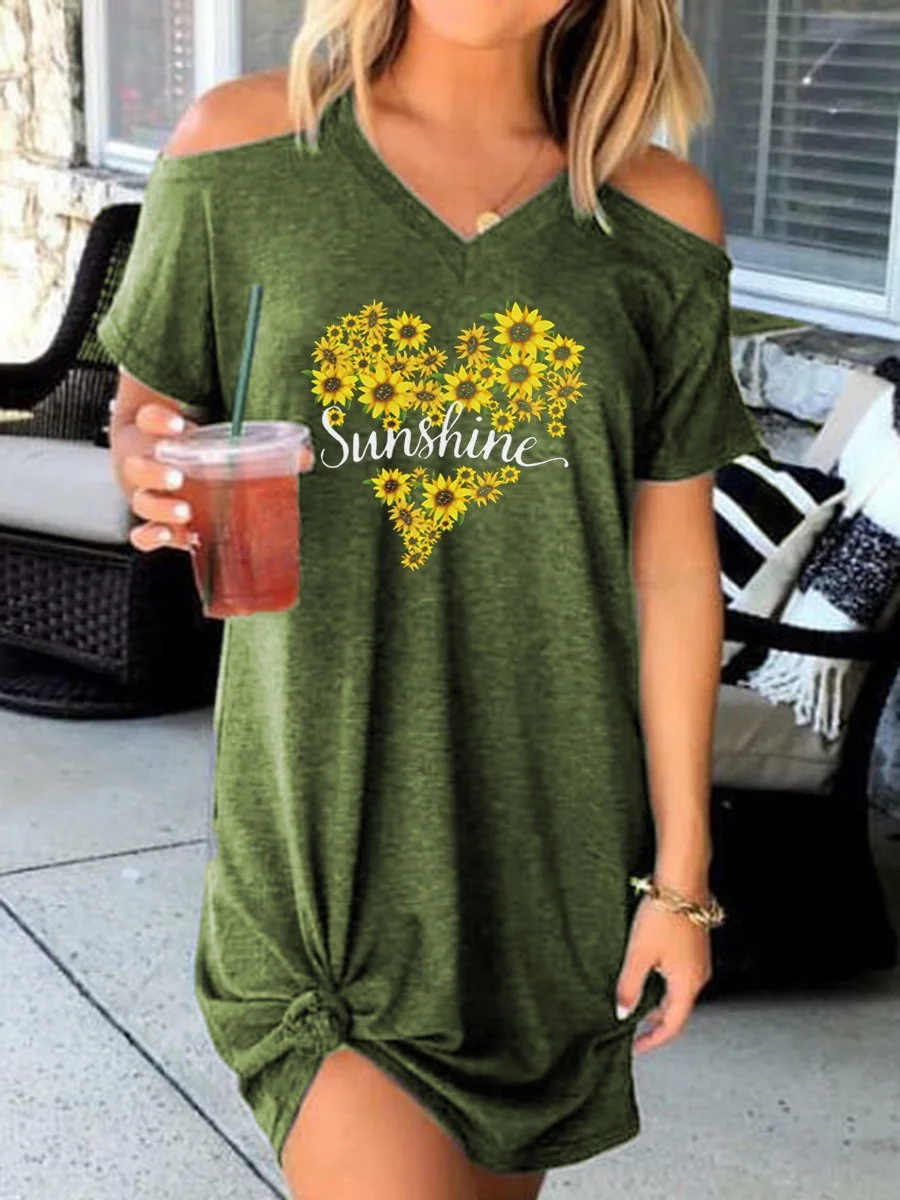 Sunshine Sunflower Off-the-shoulder Short Sleeve Dress