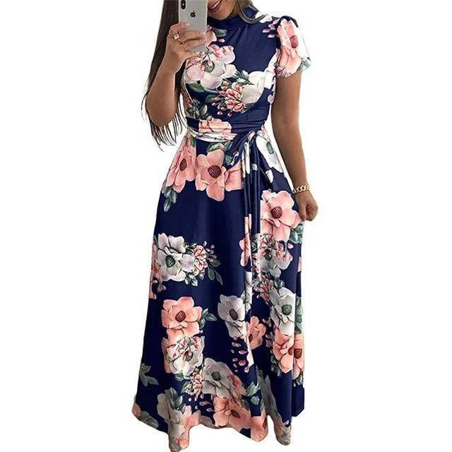 Long Maxi Dress Floral Print Boho Style Beach Dress Casual Short Sleeve Bandage Dress
