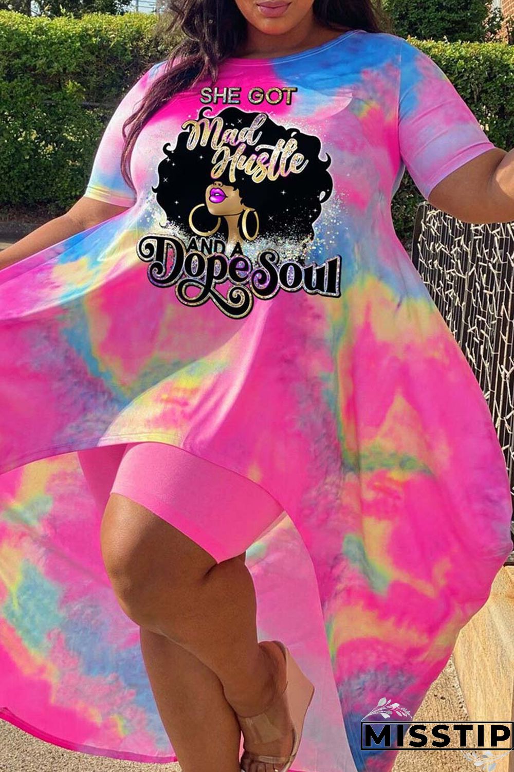 Pink Black Fashion Casual Print Tie-dye O Neck Plus Size Two Pieces