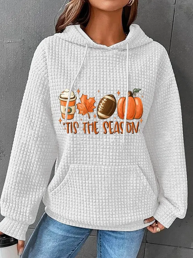 Women's Tis The Season Pumpkin Football Fall Print Waffle Hoodie 