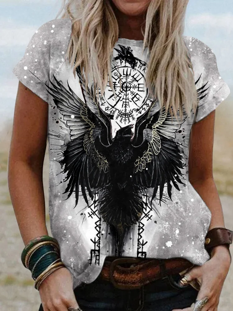 Tribal Viking Crow Totem Print Short-Sleeved T-Shirt
