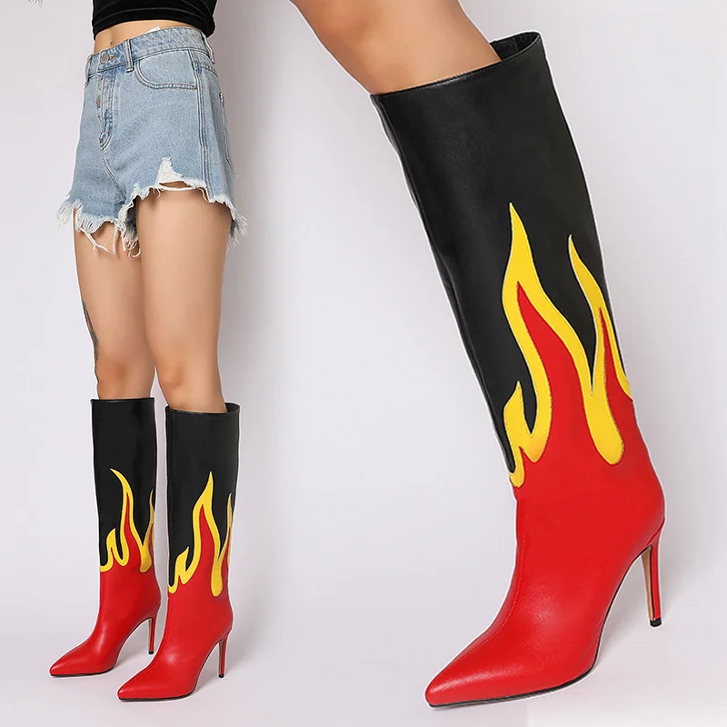 Women's Pointy Toe Color Matching Slimming Flame Women's Boots Plus Size Knee High Heel Boots Novameme