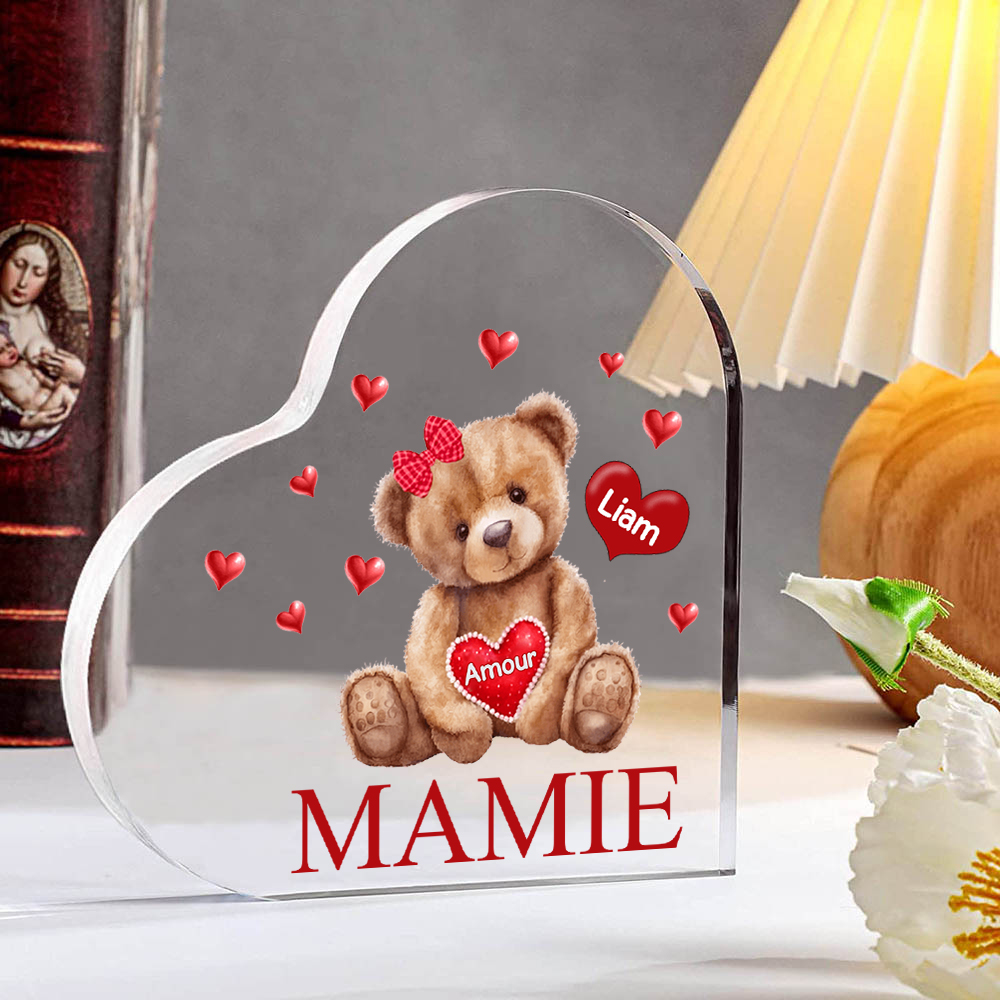 À ma Maman/Mamie - Plaque Acrylique Ours en Forme de Cœur 1 Prénom Personnalisés avec 1 Texte