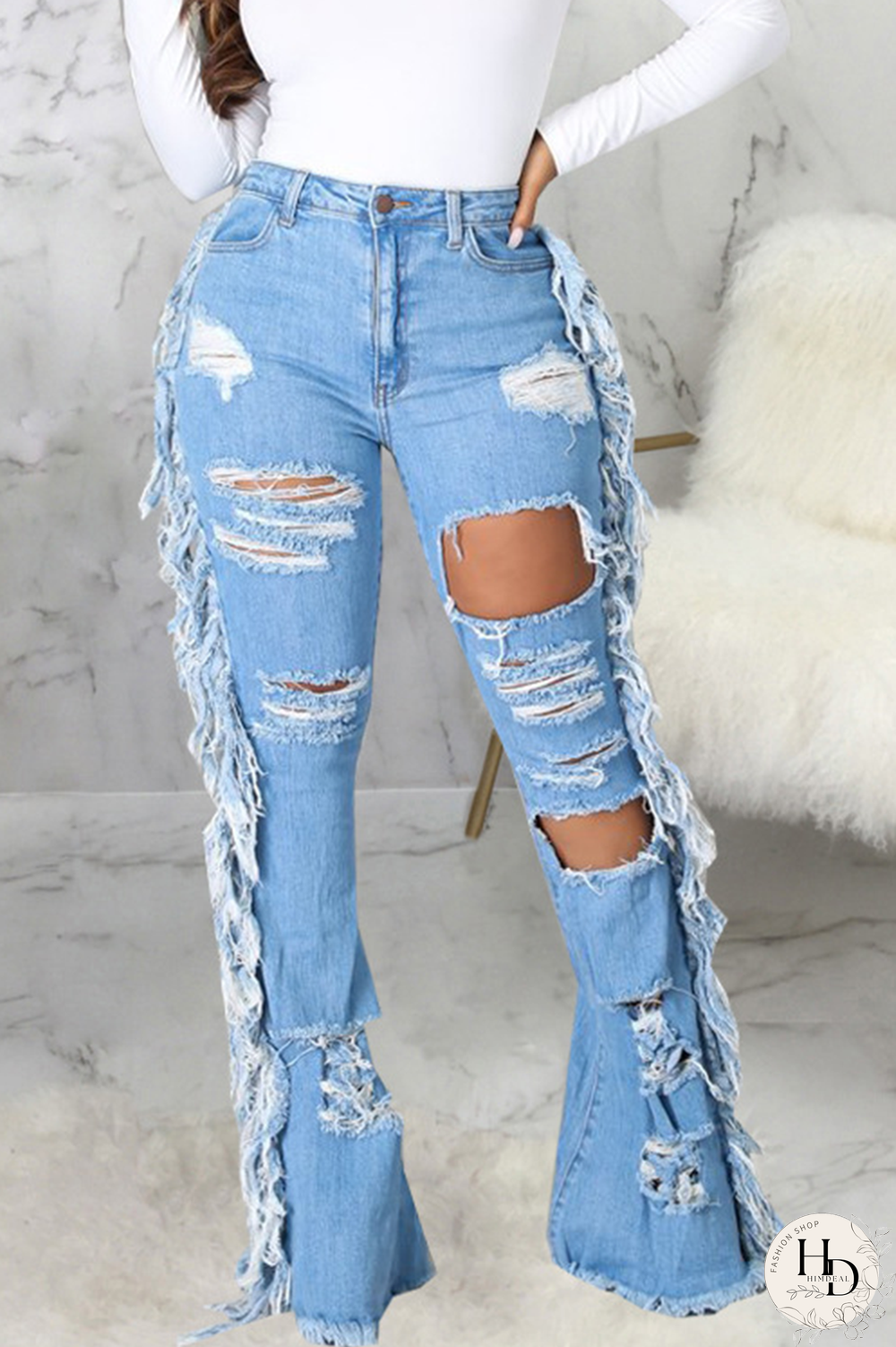 Baby Blue Casual Solid Ripped Mid Waist Boot Cut Denim Jeans