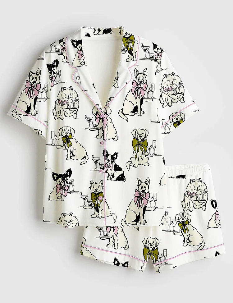Women&rsquo;s Festival Martini Drinks Clip Hand Drawn Martini Glass With Bartender Dog Print Short Sleeve Satin Pajama Set