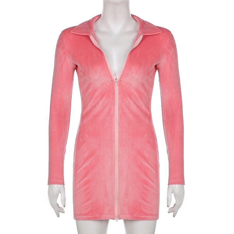 Sweetown Autumn Winter Velvet Long Sleeve Bodycon Short Dresses Women Pink Solid Cute Vintage Elegant Sexy Zip Up Party Dress