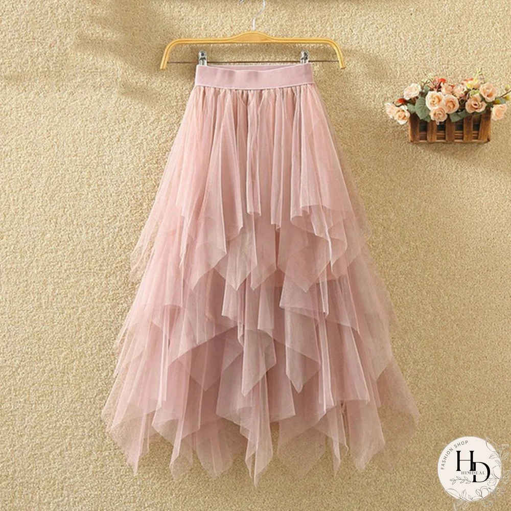 Black Irregular Mesh Gauze Women's Spring And Summer High Waist Wild Was Thin A Word Puff Skirt Skirt Long Skirt