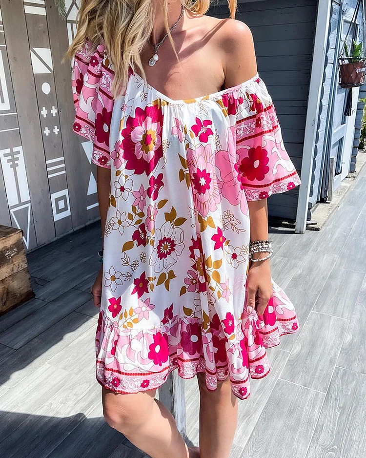 Sunshine floral ruffled V-neck loose BOHO dress