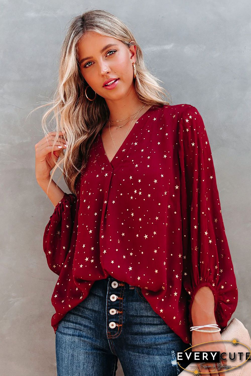 Red V Neck Star Print Billowy Sleeves Blouse